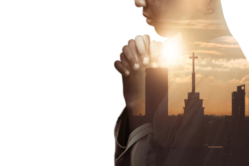 Double,Exposure,Of,A,Hand,Girl,Praying,For,City,,Hands